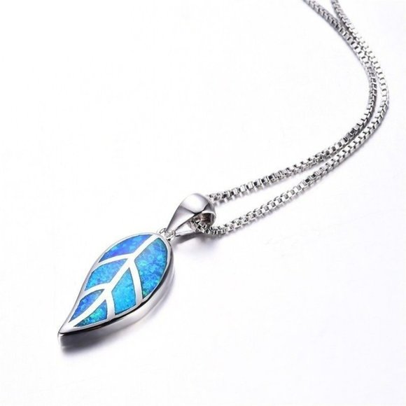 Blue Opal Leaf Silver Necklace & Chain - Picture 3 of 6
